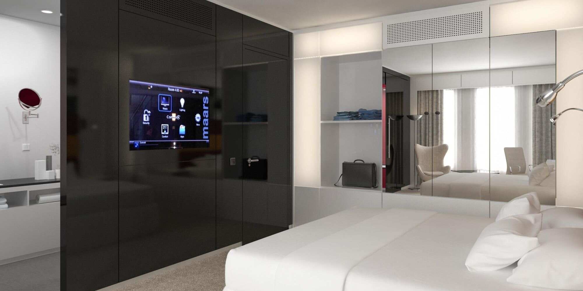 hotel room with washroom view depicting building automation systems via 3d renderings