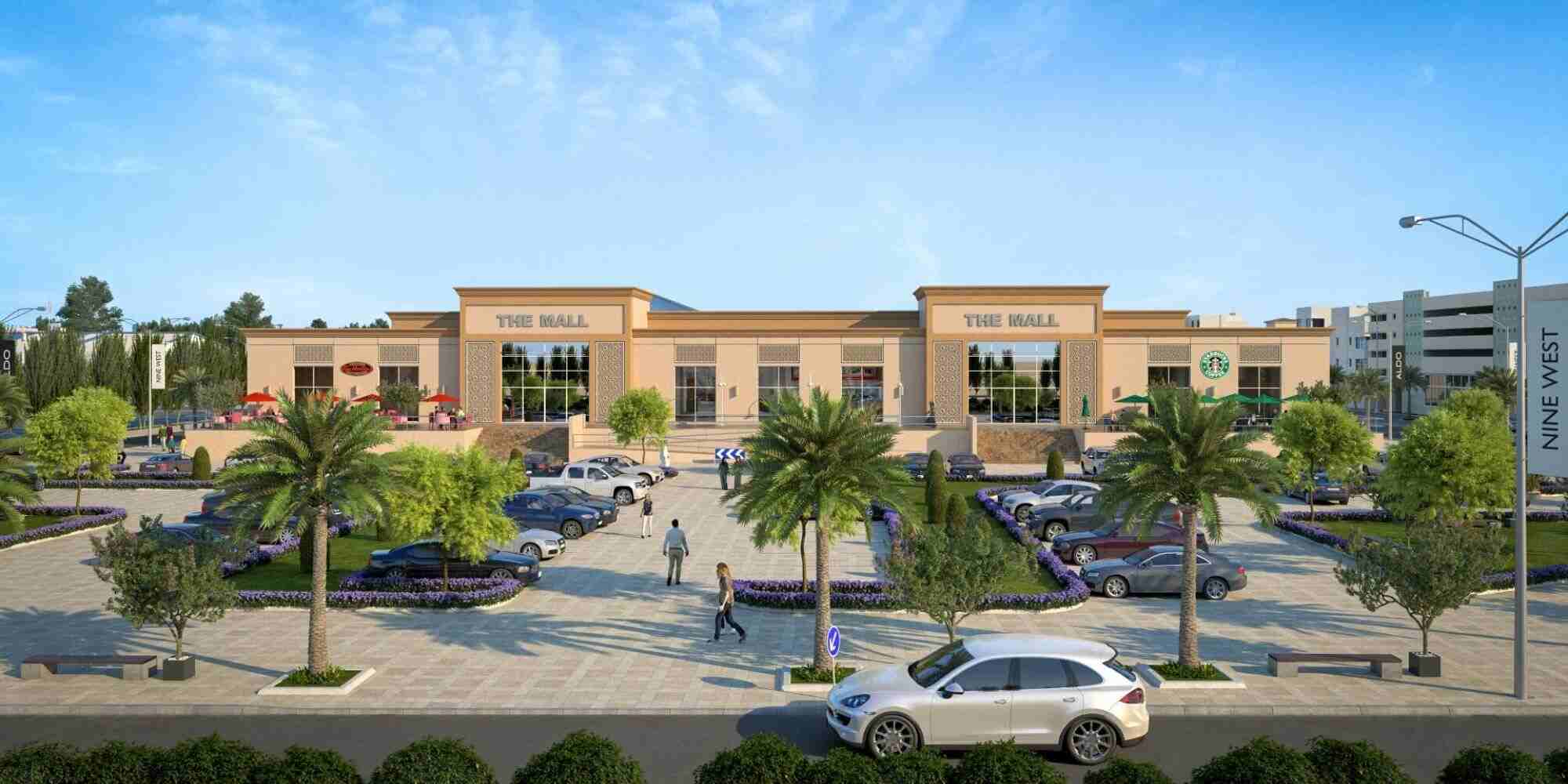 3d exterior rendering showing front view with car parking of the mall