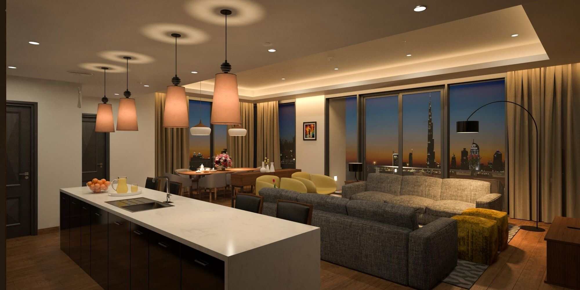 night view 3d interior rendering of living and open kitchen area with view of burj khalifa