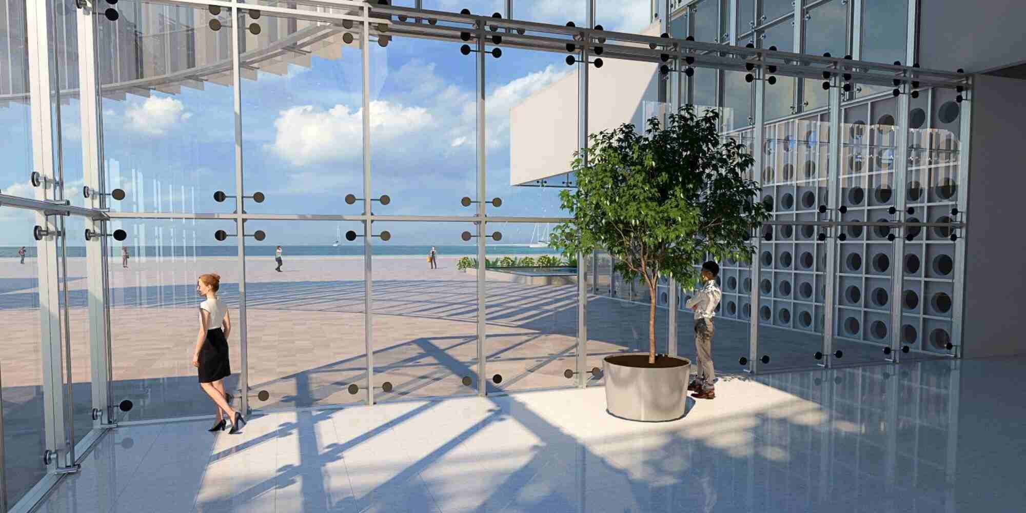 3d interior rendering of an office building hallway with sea view through glass façade