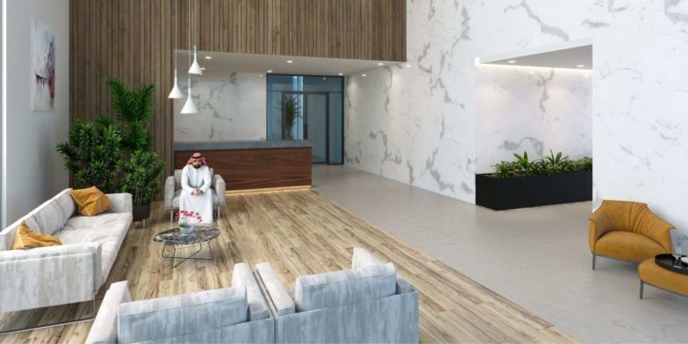 3d rendering of modern and simple residential apartment lobby area in qatar